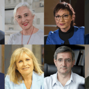arr., de izq. a der. José Manuel Pérez Tornero, Mariola Cubells, Anna Bosch, Ignacio Sacaluga. deb., de izq. a der. Ricardo Vaca, María Rey, Miguel Ángel Idígoras y Eduardo Olano